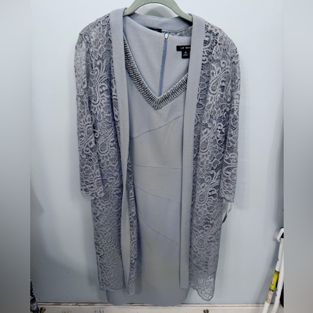 Gray Shift Dress With Lace Overlay M